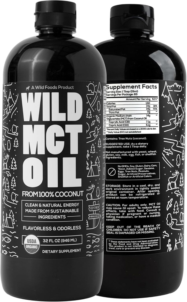 Cocco biologico di olio di MCT – 32 fl oz – 100% cocco naturale – Flavorless & Odorless C10/C8 MCT Olio per l'energia e il supporto cognitivo – Keto-Friendly – Perfetto per il caffè, Shakes & Ricette