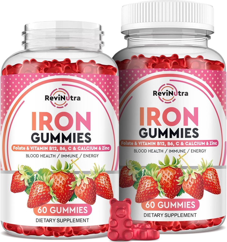 Gummie di ferro - con Calcio, Zinco, Folato & Vitamina B12, C, B6 per adulti e bambini - Sangue Builder & Energy Support per carenza di ferro, Anemia, Vegan - 2 Pack Fiamma di fragole, 60 Gummies