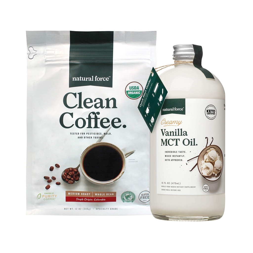 Natural Force Organic Clean Coffee + Creamy Vanilla MCT olio Bundle – Aromaed MCT Creamer & Mold & Mycotoxin Free Coffee – Non OGM, Keto, Paleo, e Vegan - 12 Oz Bag e 16 Oz bottiglia di vetro