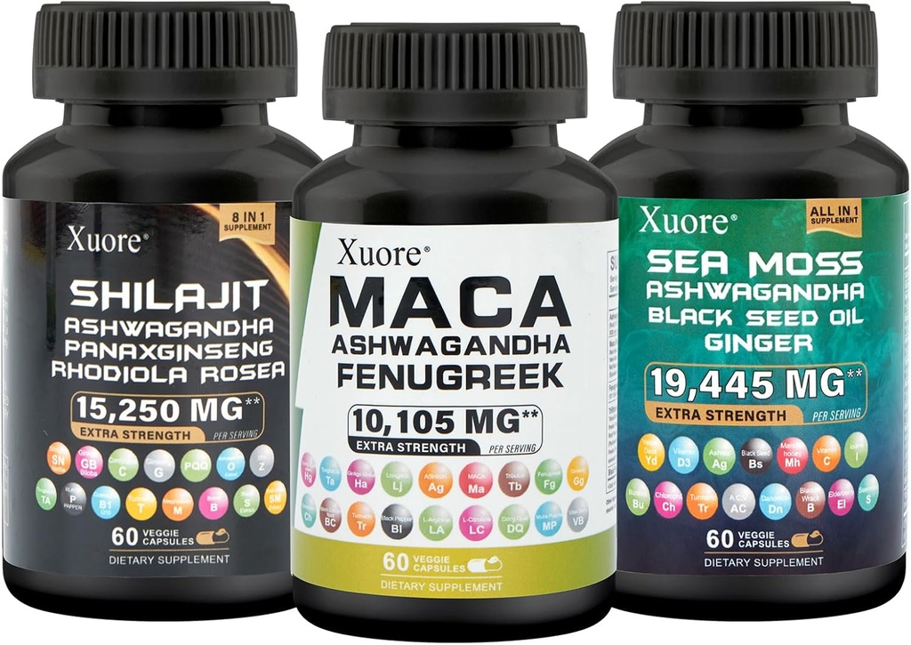 Bundle of Sea Moss,Shilajit,Maca, Black Seed Oil, Ashwagandha, Ginger, Shilajit, Rhodiola Rosea, Panax Ginseng, Maca Root, Fenugreek, Trifibranol100X, Tutto in 1 Supplementi (1 confezione)