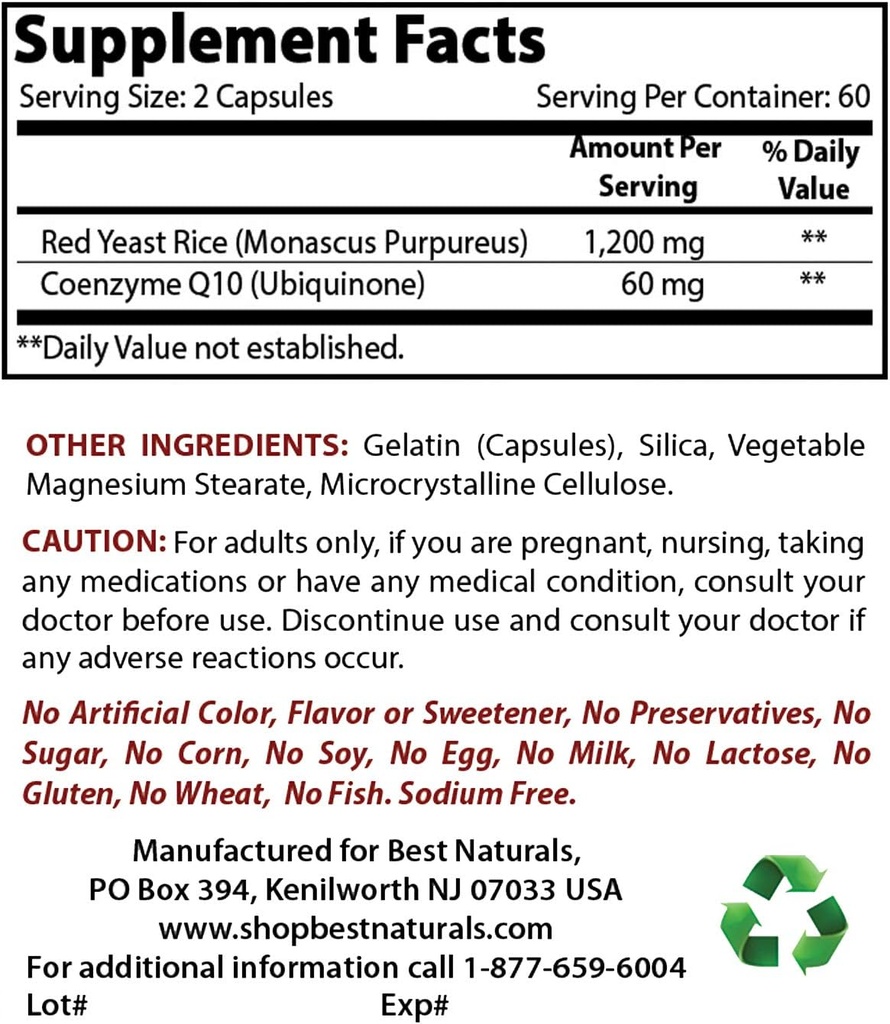 Best Naturals Riso di lievito rosso con CoQ10 & Niacin 500 mg