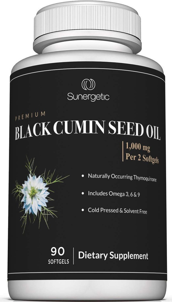 Sunergetic Premium Black Cumin Seed Oil Softgels – 1.000 mg di olio di semi neri per la sega – Non OGM Cold Pressed Nigella Sativa – Include Thymoquinone & Omega’s - 90 Softgels