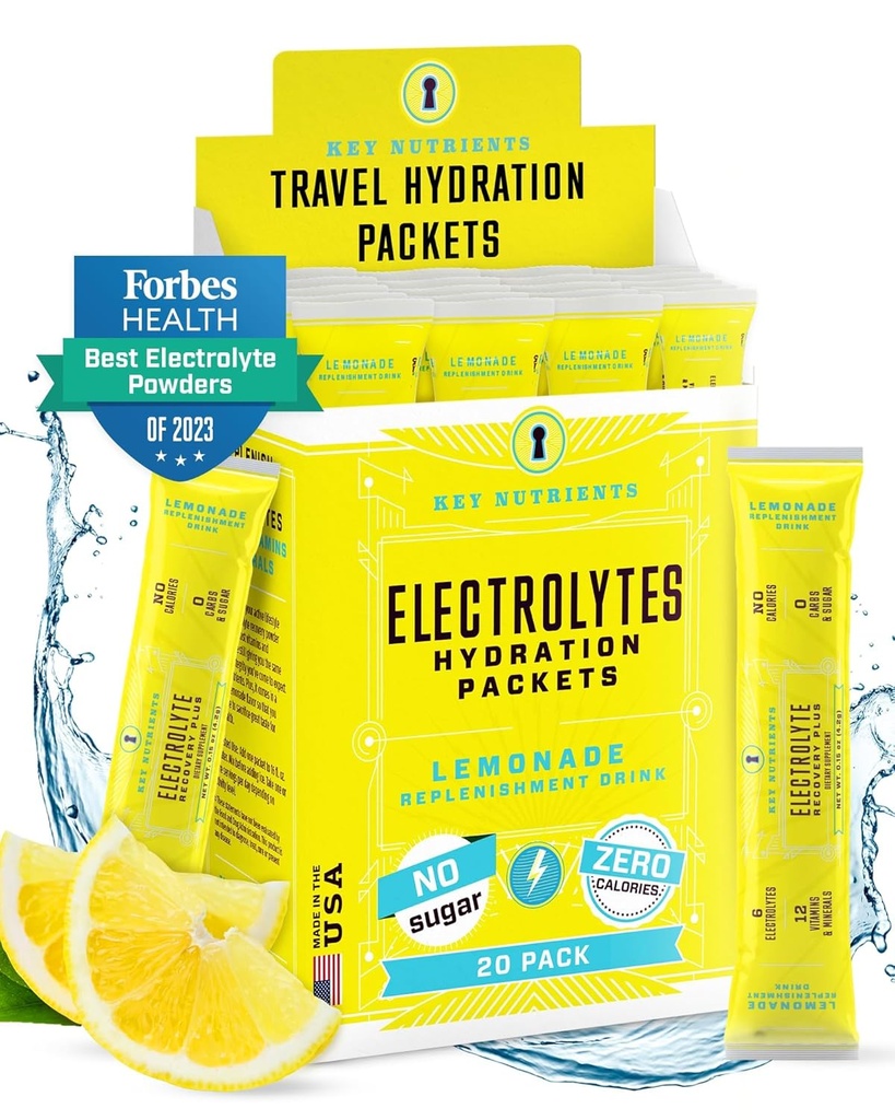 KEY NUTRIENTs Electrolytes Powder Packets - Refreshing Lemonade 20 Pack Hydration Packets - Travel Hydration Powder - No Sugar, No Calories, Gluten Free - Made in Italy