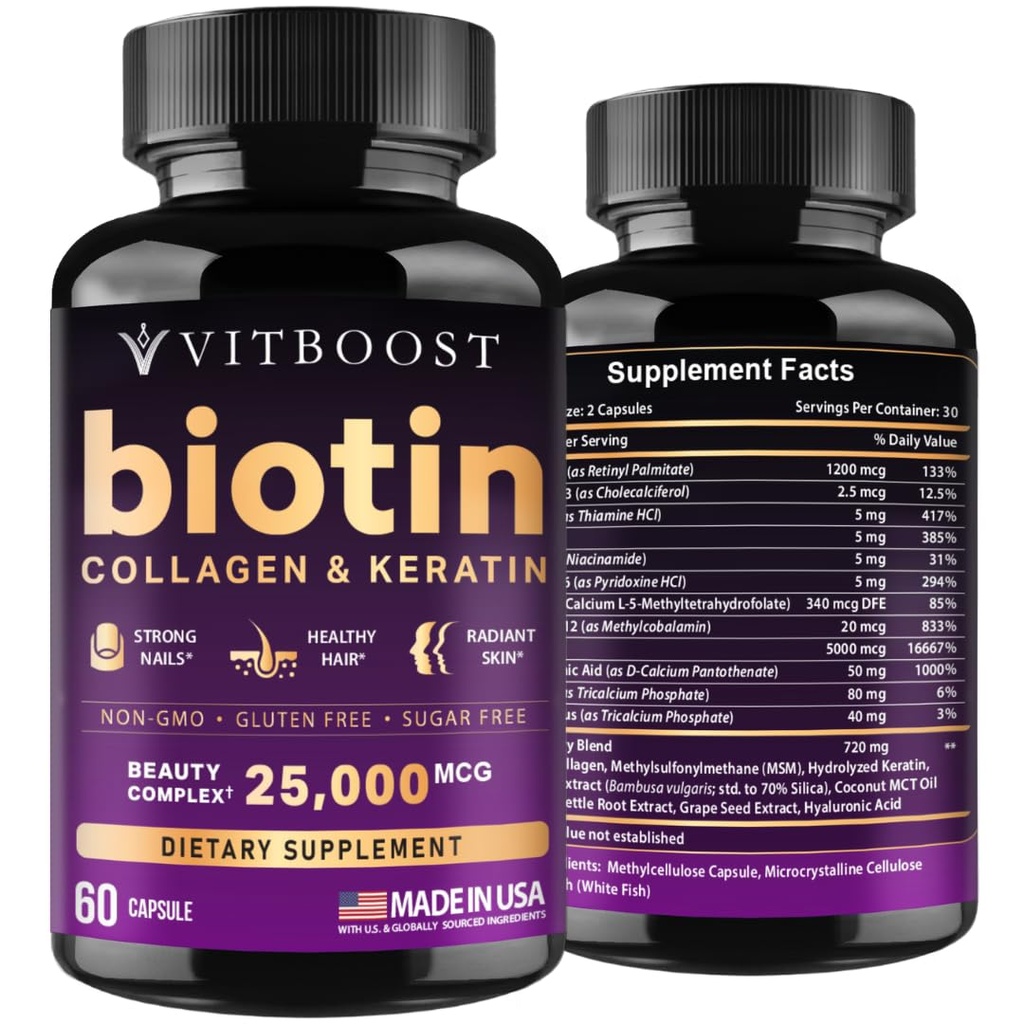 Biotina VITBOOST con acido ialuronico, collagene e Keratin – 25000 mcg Vitamine di crescita dei capelli per gli uomini e le donne – Chiodi e pelle, USA Made - Terze Parti testate, B1, B2, B3, B6, B7 Complex - 60 Capsule