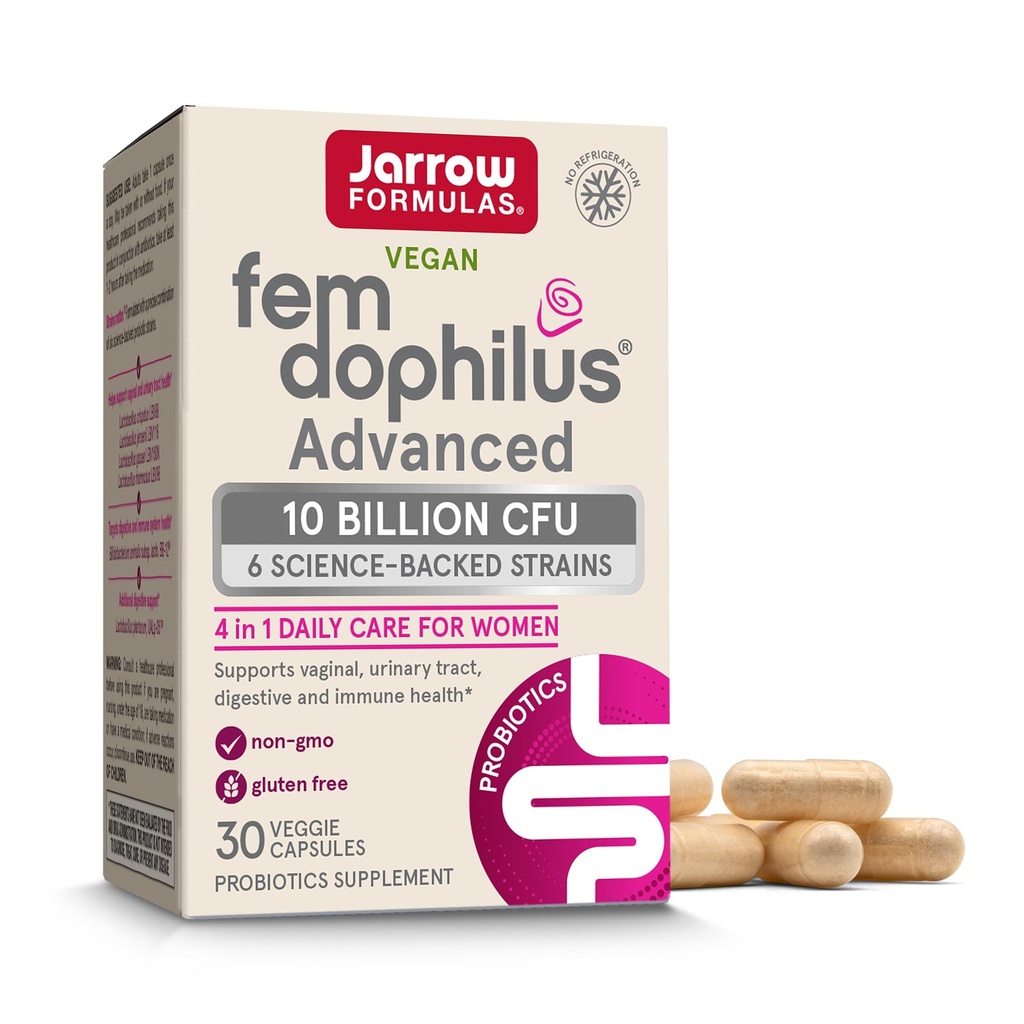 Jarrow Formulas Fem-Dophilus Advanced Vaginal & Digestive Probiotics 10 miliardi di CFU con 6 Strains Backed Science, per Vaginal, Tratto urinario, Supporto Digestivo & Immune, 30 Capsule, Shelf-Stable