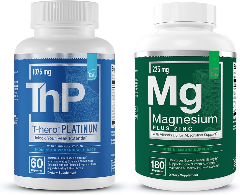 Elementi essenziali Magnesio & Zinco con vitamina D3 + T-Hero Platinum | Sonno Immune & Bone + Supporto per la crescita muscolare & T-Health