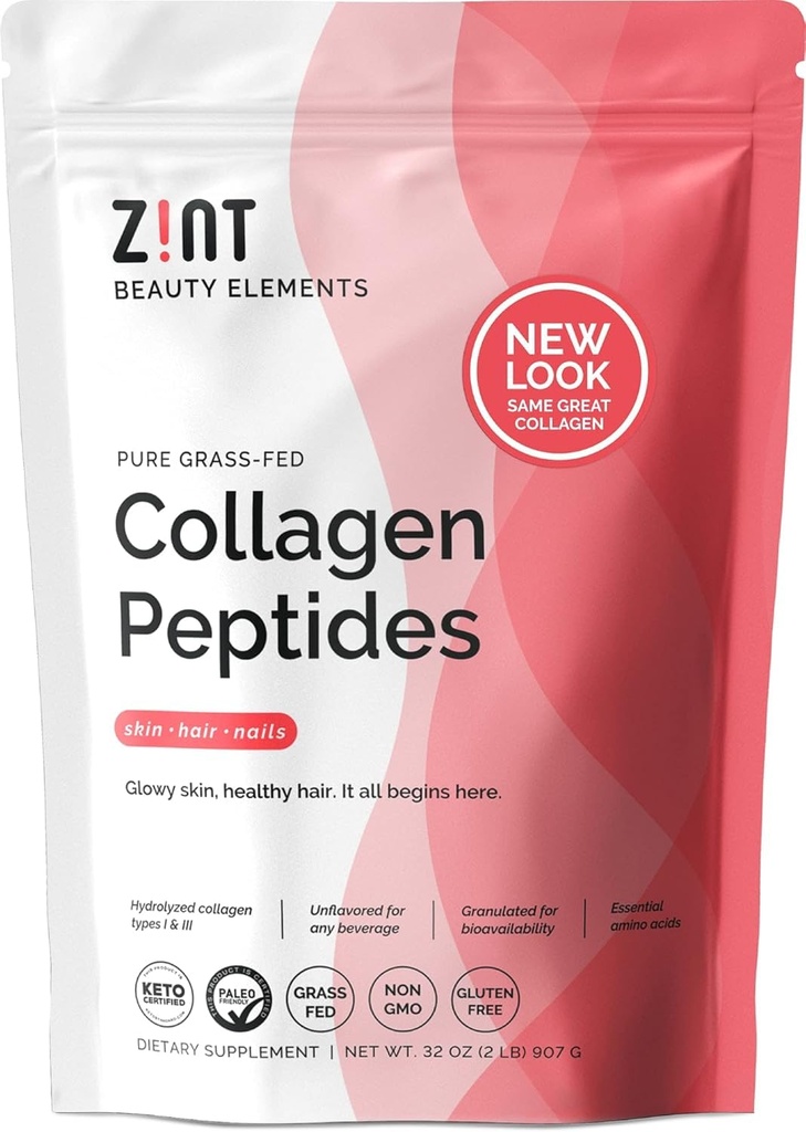 Zint Collagen Peptides Powder (32 oz): Paleo-Friendly, Keto-Certified, Grass-Fed Hydrolyzed Collagen Protein Supplement - Unflavored, Non OGM