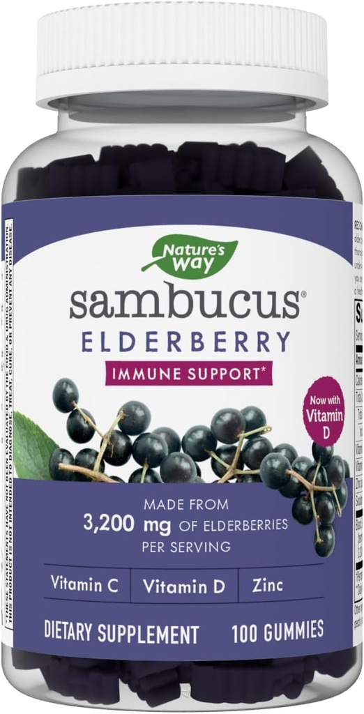 Sambucus Elderberry Gummies - Integratore di Supporto Immune per Bambini & Adulti* - Con Vitamine C, D3, Zinc & Antiossidant Support* - Gluten Free & Vegetariano - 100 Gummies