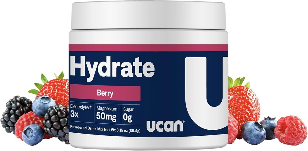 UCAN Hydrate Electrolyte Drink Mix (Berry, 30 Serve) Senza zucchero, Keto-Friendly, Vegan, Non OGM, Polvere di elettroliti senza glutine con potassio e magnesio per Runners & Athletes