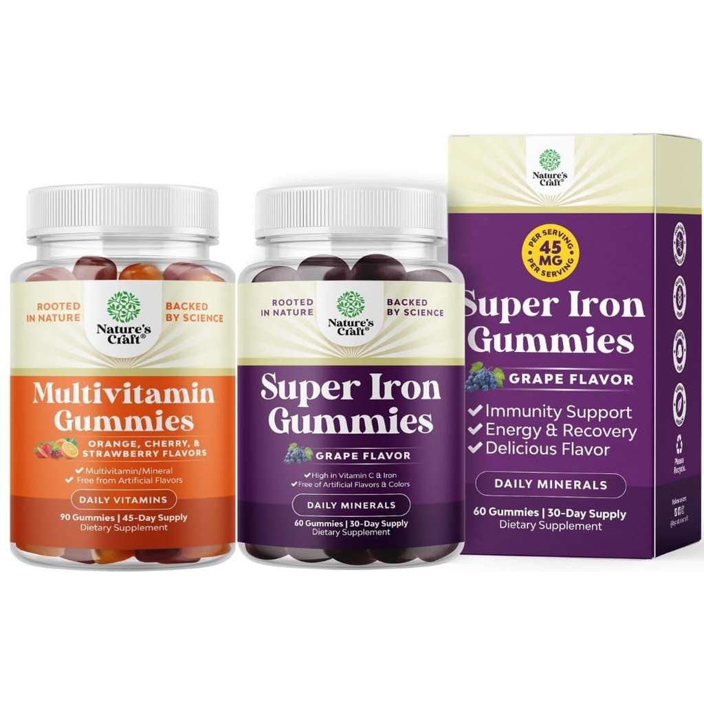 Bundle di Multivitamin Gummy con B12 Biotin con Zinc & Vitamina D e Gummie di Ferro Extra Forza per Donne e Uomini - Potente 45mg per Serve Ferro da stiro Masticabile Supplemento per Donne e Uomini con Vit C