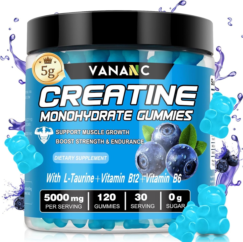 Creatina Monoidrato Gummies 5000 mg per uomini e donne, senza zucchero, basso nelle calorie, con L-Taurine + vitamine per aumentare la resistenza muscolare