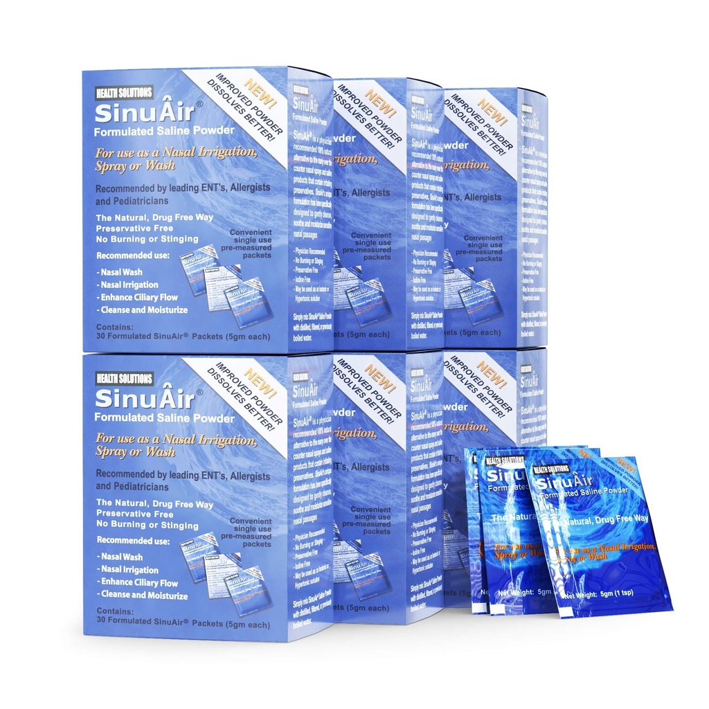 SinuAir Sinus Rinse Salt Solution - Saline Powder per SinuPulse System, Neti Pot Flush, Nasal Wash Squeeze Bottiglia, & Nose Irrigation, Formulazione potenziata & Pulizia per Sinusi, 180 Imballaggi