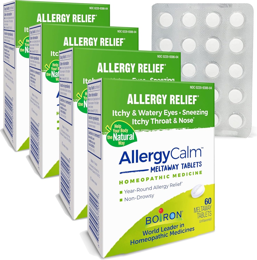 Boiron AllergyCalm Tablets 240 Conte, Rilievo da Allergies e Hay Fever Sintomi di Sneezing, Runny Nose, Itchy Eyes, Throat, Allergy Calm Tabs (Formerly RhinAllergy) (Pacchetto di 4 60ct Boxes)