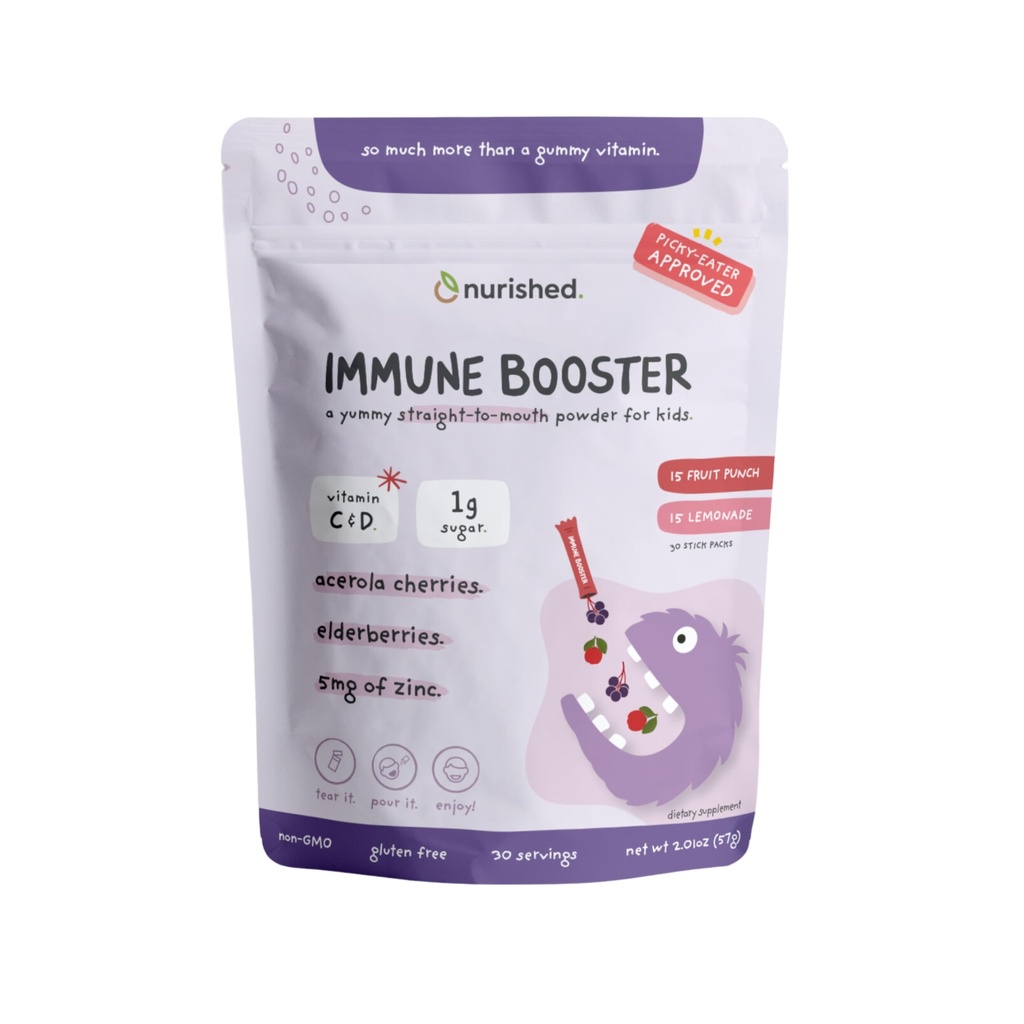 Booster immune per bambini con mirtillo, ciliegia di Acerola, zinco, vitamine C & D - Polvere dritta a mouta - 30 porzioni - 2 gusti