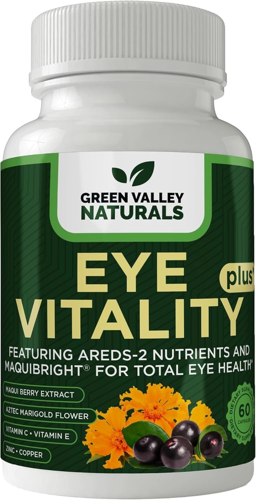 GREEN VALLEY NATURALS Eye Vitality Plus Supplemento, con Areds-2 Nutrienti, Maquibright, Marigold Flower, Vitamine C & E, Zinco, Rame, 60 capsule (1)