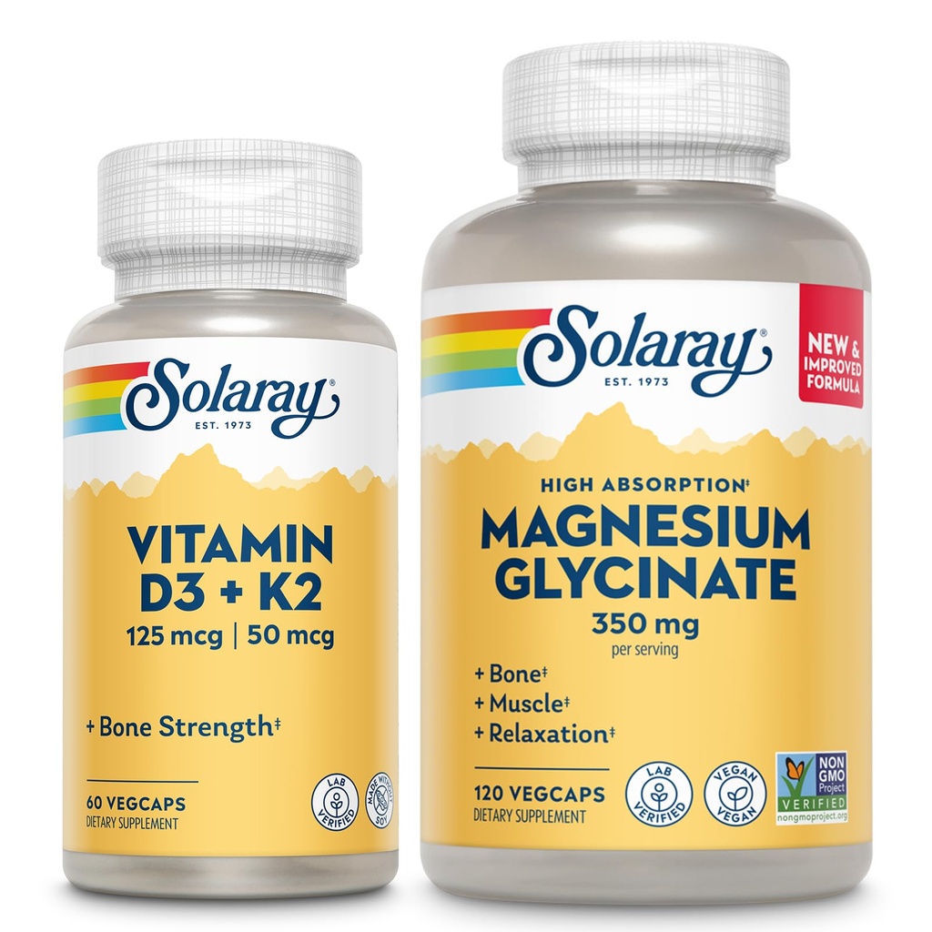 SOLARAY Vitamin D3 K2 e Magnesio Glycinate - Bone Health Bundle - Assorbimento di calcio, Nerve, Cuore e Supporto Immune w/ 5000 IU Vitamin D, Magnesio Chelato 350mg, Garanzia di 60 giorni, 60ct/120ct