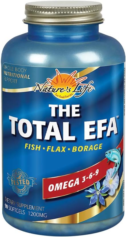 La vita della natura L'Olio di Pesce EFA Totale w/Olio di Lino Organico & Borage | 1200 mg | Pelle, Cuore e Memoria | 90 Softgel