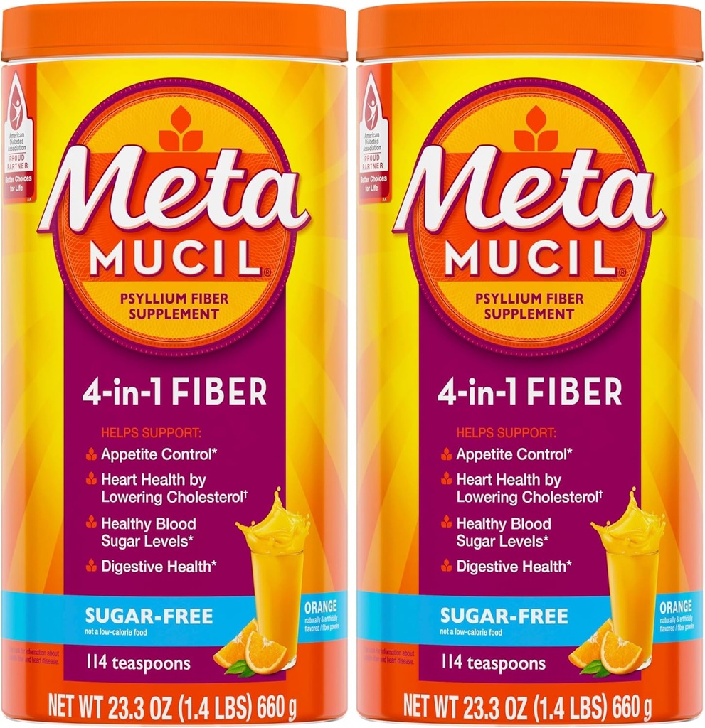 Metamucil, supplemento giornaliero di polvere di Psyllium Husk, polvere senza zucchero, fibra 4-in-1 per la salute digestiva, bevanda aromatizzata arancio, 114 cucchiaini, 1,4 Pound (pacchetto di 2)
