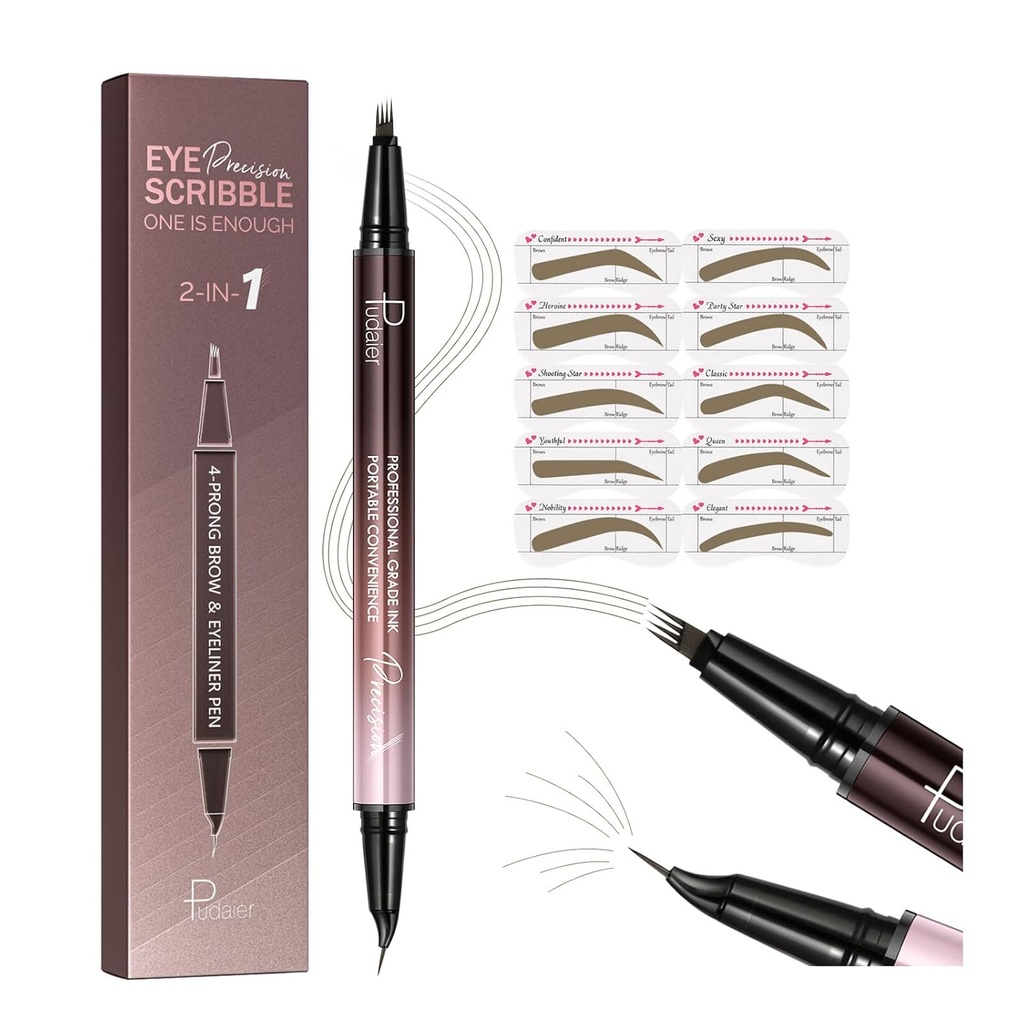 Pudaier 2-in-1 Penna sopracciglio curvo & eyeliner con 10Pcs Brow Stencil, Matita sopracciglia di Microblading, Impermeabile & Long Lasting, Tartufo