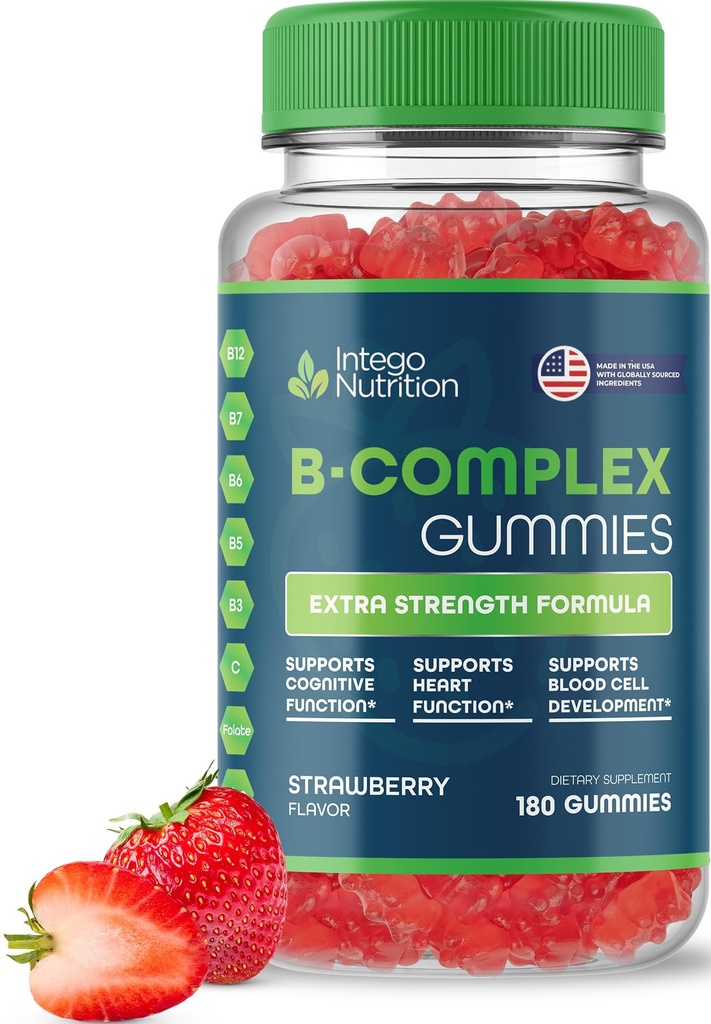 Vitamina B Complesso Gummies per adulti, B supplemento di vitamina complesso per le donne e gli uomini, B vitamine complessi Gummies per l'energia e la salute del cervello, aroma di fragola naturale, 180 Conte