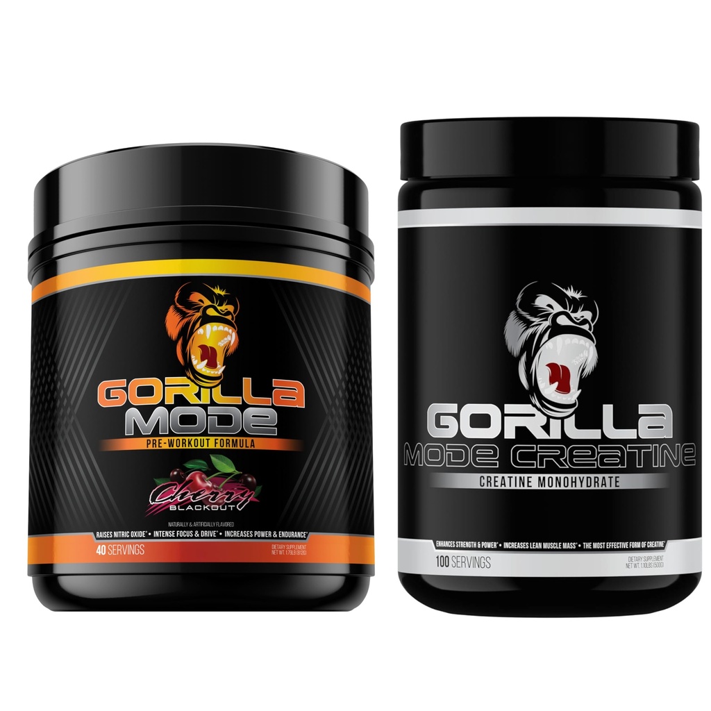 Gorilla Mind Pre Workout (Cherry) + Creatina (100 Serv.) - Stack completo per una migliore resistenza, uscita di potenza e dimensione del muscolo