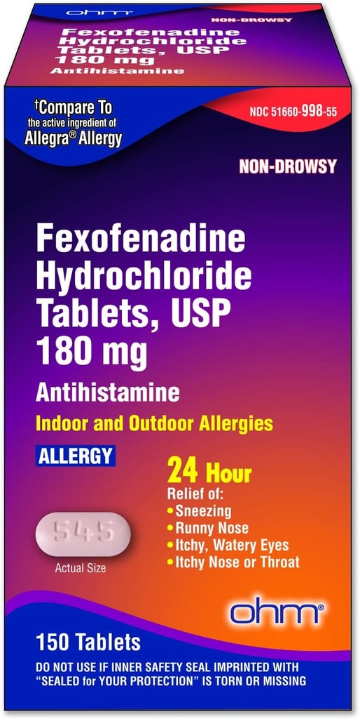 Ohm Allergy Medicine Fexofenadine 180mg - 24 ore Rilievo per Sneezing e Allergy Sintomi, Non-Drowsy - 24-ore Antistamine Tablets per efficace sollievo - 150 Conte (Single Pack)