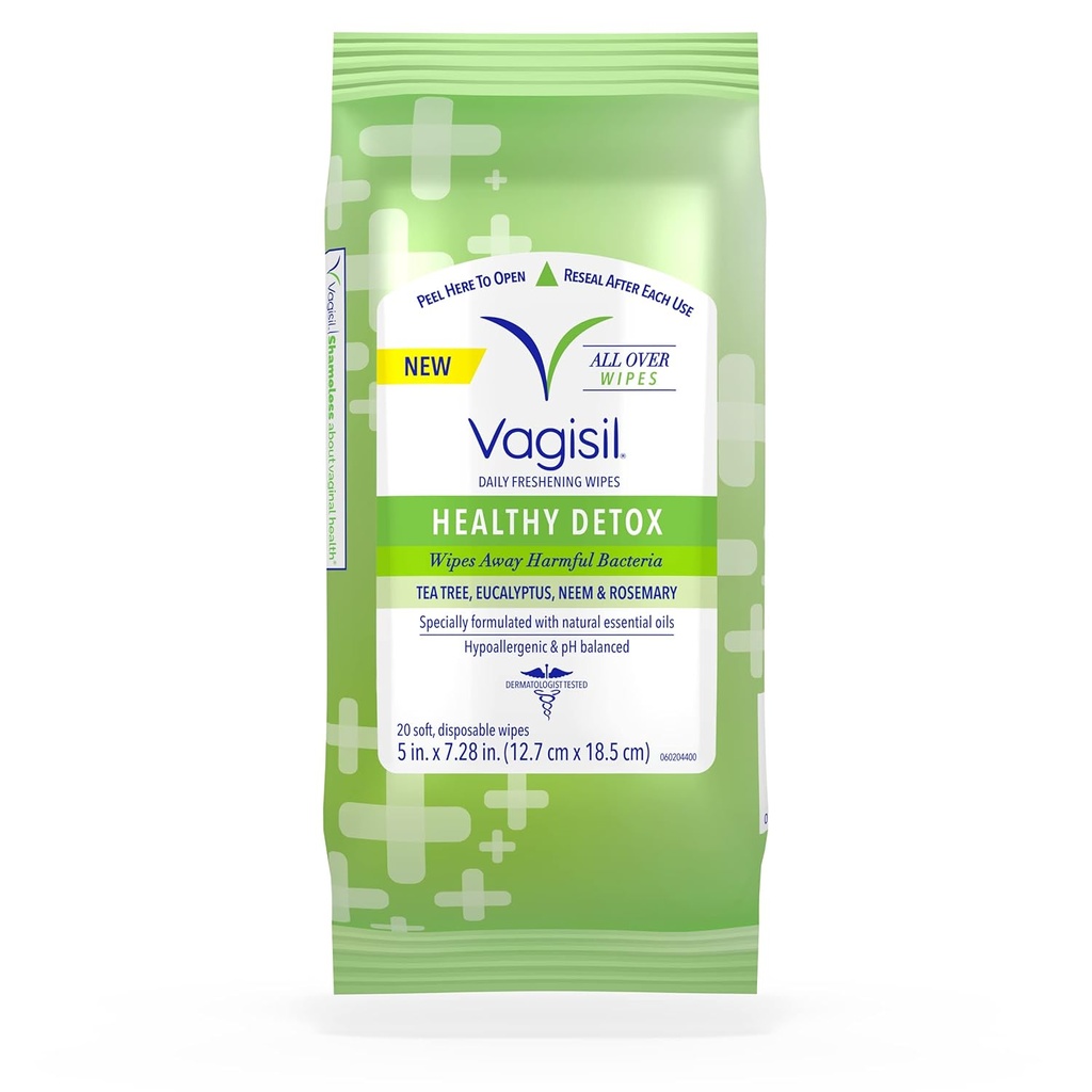 Wipes Vagisil per tutti i tipi di pulizia, disintossicazione della salute, formulato con oli essenziali, 20 Wipes in una busta sigillabile (confezione di 1)