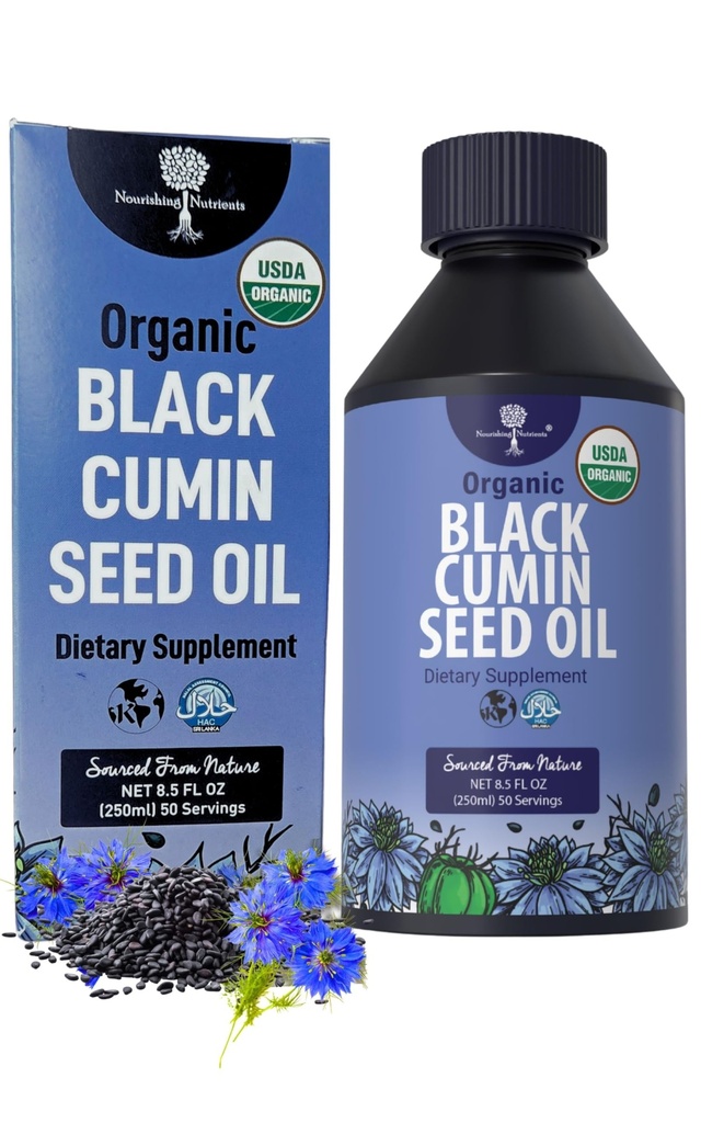 Organic Black Cumin Seed Oil-USDA-Cold Pressato -fino a 6X Più Forte Thymoquinone- Pure Nigella Sativa Cumin Seeds - Supplemento Premium per Supporto Immune, Antiossidante, Calmante, Skin & Hair (8.5 oz)