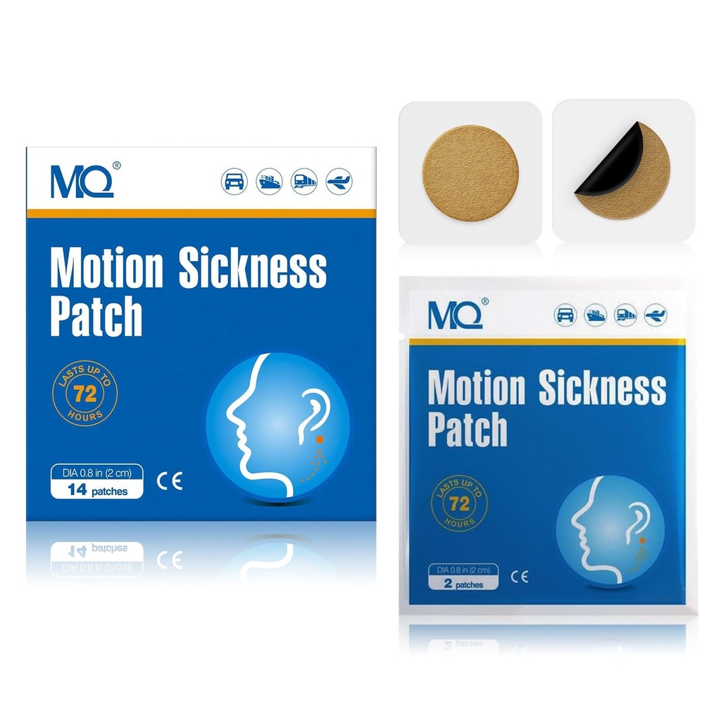 MQ 14ct Motion Sickness Patches Non Drowsy, Sea Sickness Patches for Cruise Travel Essentials, Impermeabile Patch Behind Ear per Auto Airplane Altitude Sickness, Long Last 72H