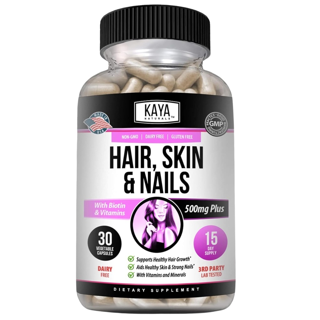 Kaya Naturals Hair Skin Capsule Unghie con Biotina - Vitamine Capelli e Pelle, Vitamina D Vitamina B-12 Un Supporto Acido Folico, Supporto Capelli Integratore Vitamina per Unghie Pelle Capelli - 30 Conta capsule