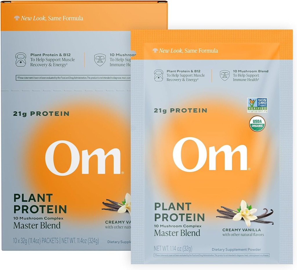 Om Master Blend Vegan Protein Powder, Vanilla, 21g di Plant Protein - Integratore di funghi organici con 10 Mushroom Complex, Ashwagandha, BCAA e Vitamina B12 - Serve singola (10 Conte)