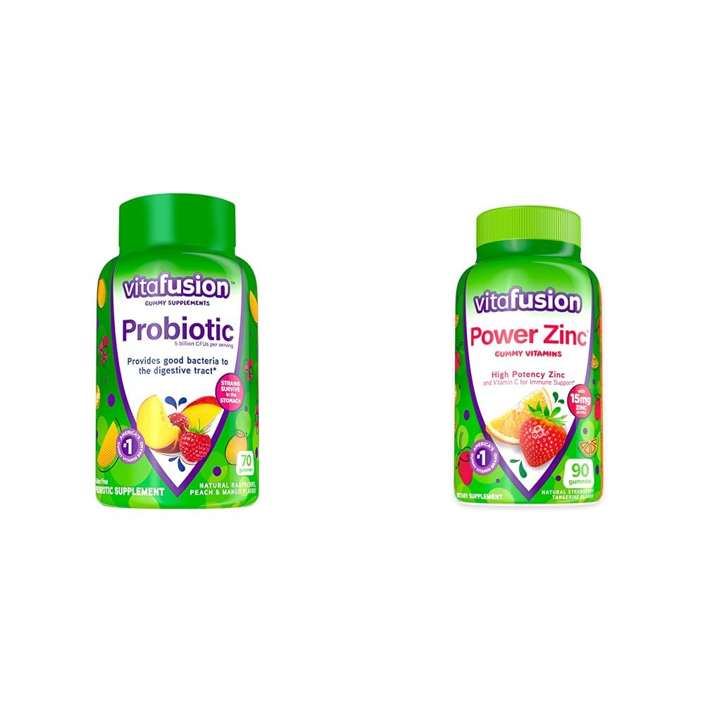 Vitafusion Probiotic Gummy Supplementi, Raspberry, Peach e Mango Sapori, 35 giorni di alimentazione, 70 conteggio di energia zinco vitamine, Strawberry Tangerine aromaed, 90 Conte