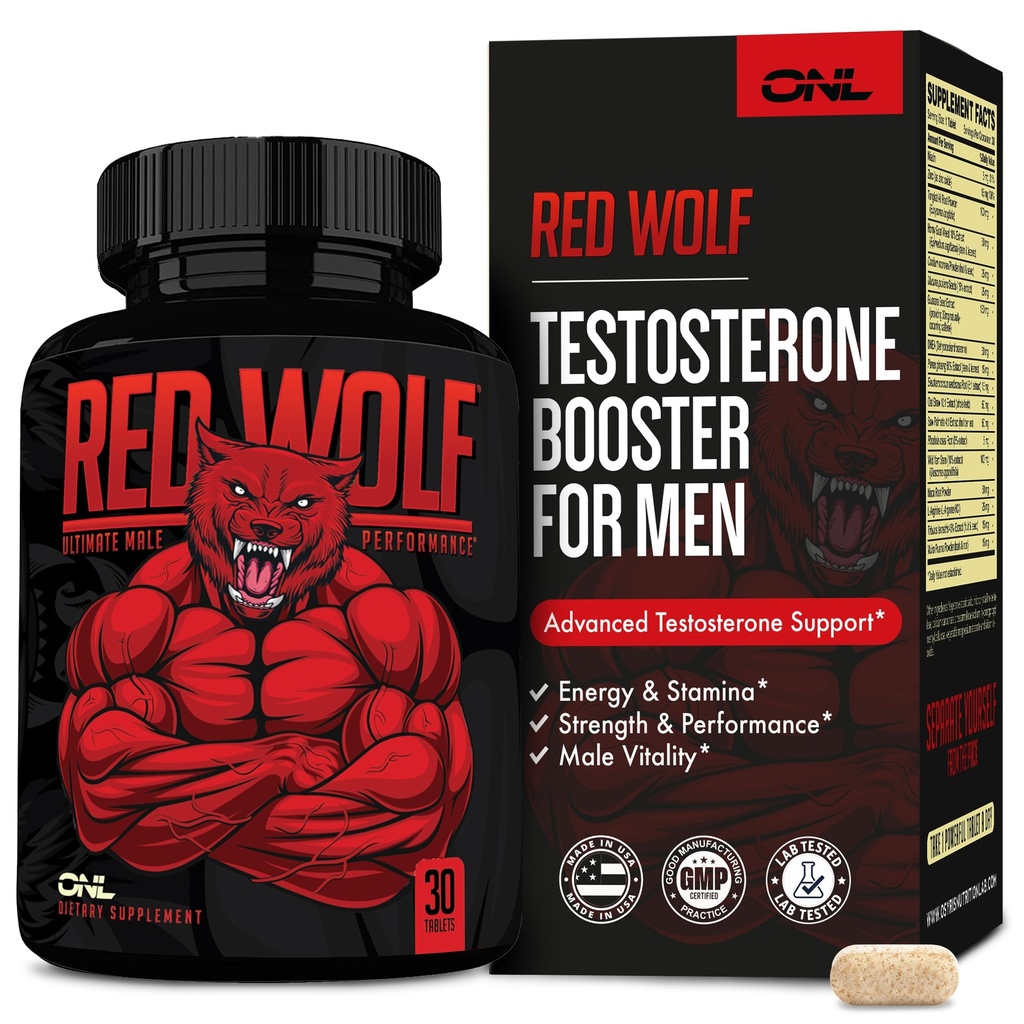 ONL Red Wolf Testosterone Booster per gli uomini - Ultimate Men's Supplement for High Potency Endurance, Energy & Strength - Testosterone Supplement per gli uomini - w/Tongkat Ali Male Enhancement - 30 Ct
