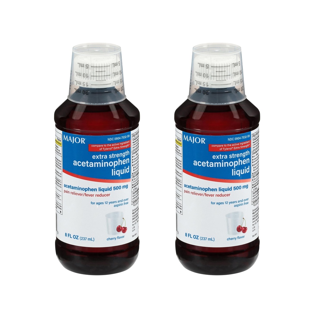 MAJOR Adulto Extra Forza Liquido Acetaminophen 500mg - Aiuta a Alleviare Dolore e Ridurre Fevers - Aspirin Free - Ciliegia Aroma - 8 Fl Oz (2 Confezione)