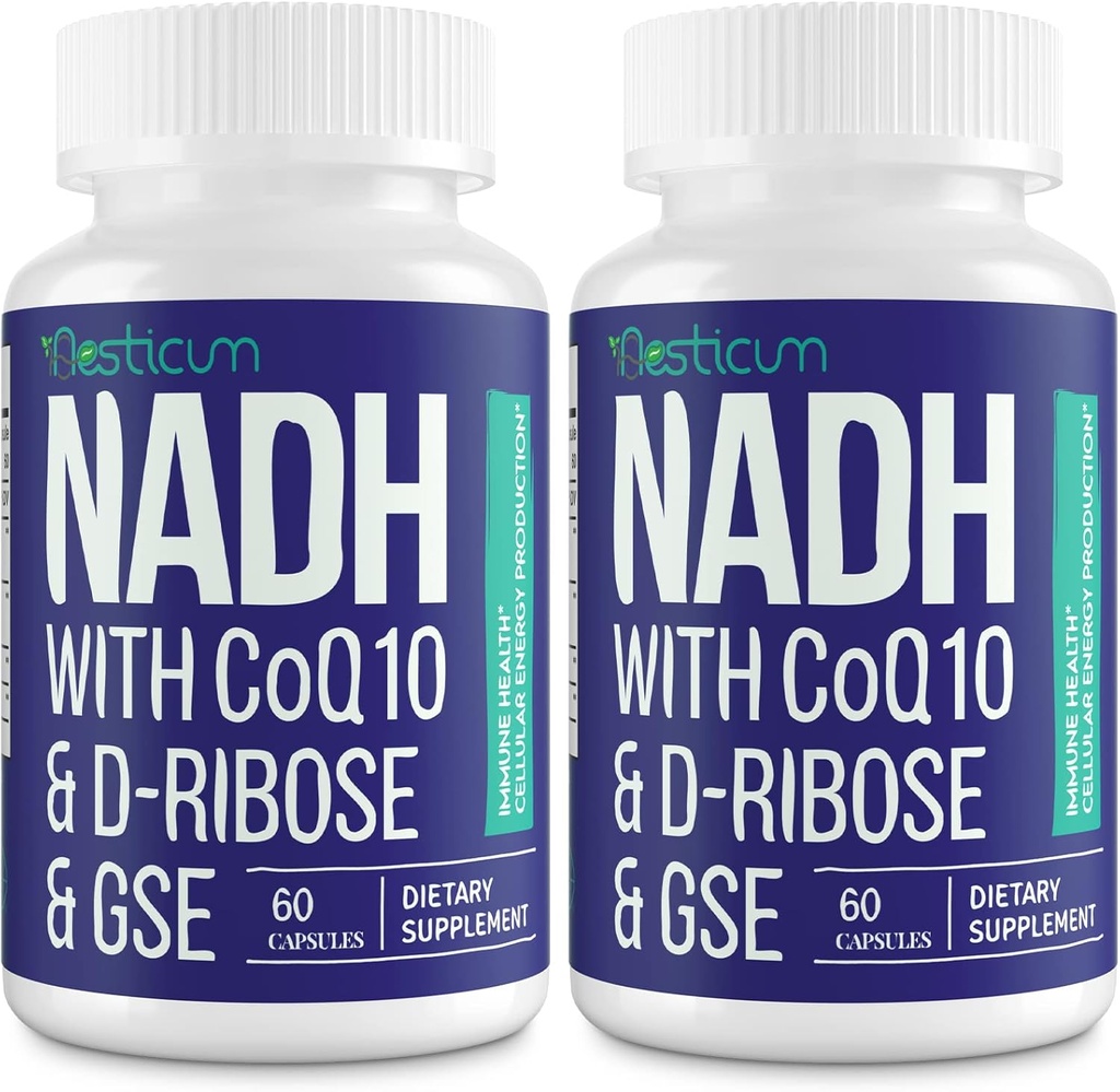 NADH 50mg + CoQ10 200mg + D-Ribose 150mg supplemento, Boosting NAD+ Integratori per Sistema Immune, Energia Cellulare, Focus, Dinucleotide Adenina ridotta Nicotinamide, 120 capsule vegetali