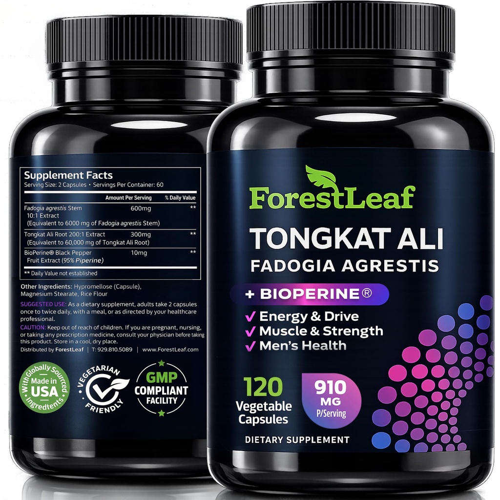 Tongkat Ali e Fadogia Agrestis for Men Supplement w/BioPerine - Tonkat-Ali Max Strength 200:1 Extract - Long Jack Tongkat-ali per gli uomini - Muscle Growth, Performance & Energy - 120 capsule