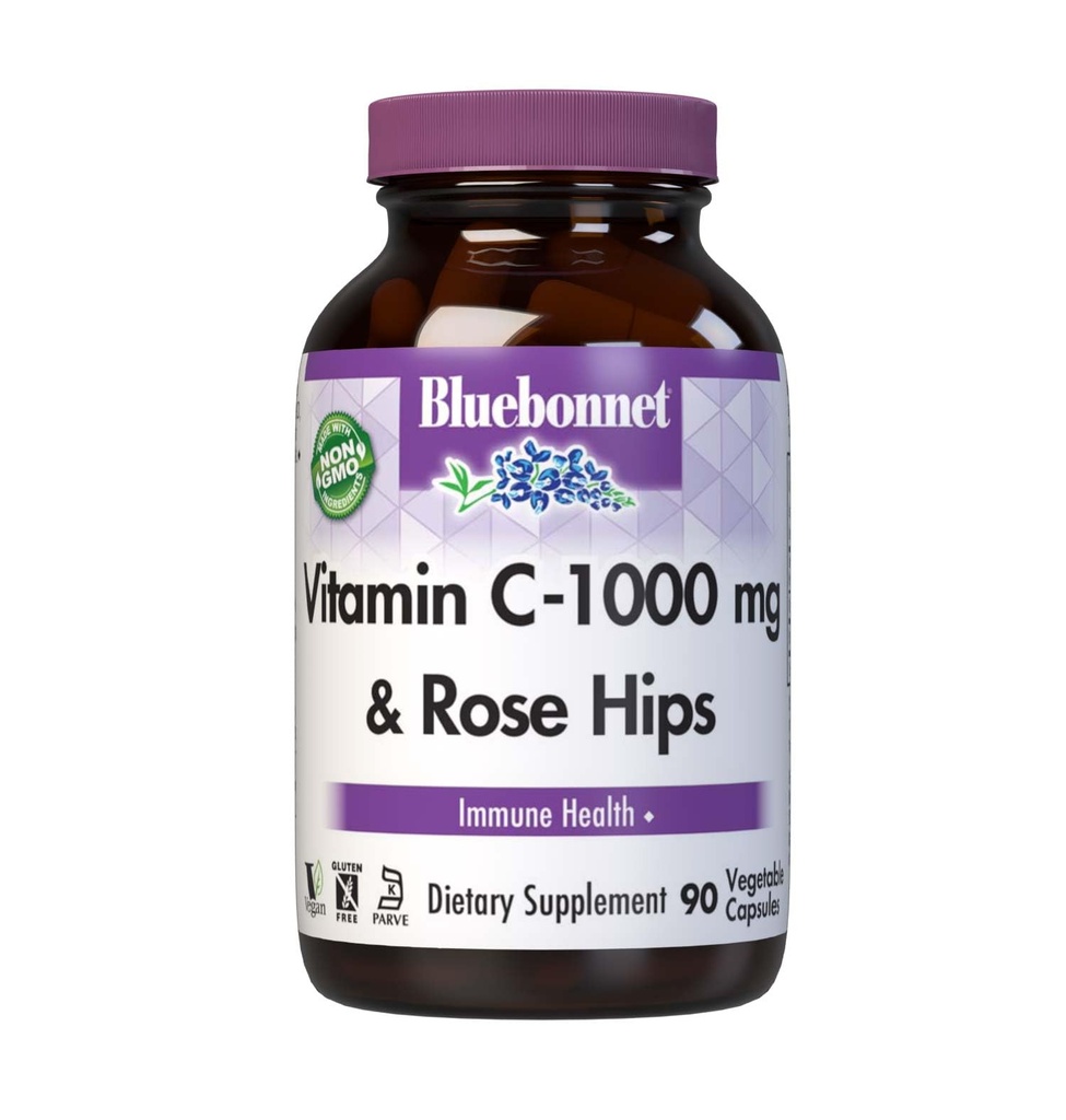 Bluebonnet Nutrition Vitamina C-1000 mg Plus Rose HIPS Capule vegetali, per la salute immunitaria, per la protezione antiossidante, Soia Free, Gluten Free, Non OGM, Kosher, Dairy Free, Vegan, 90 Count