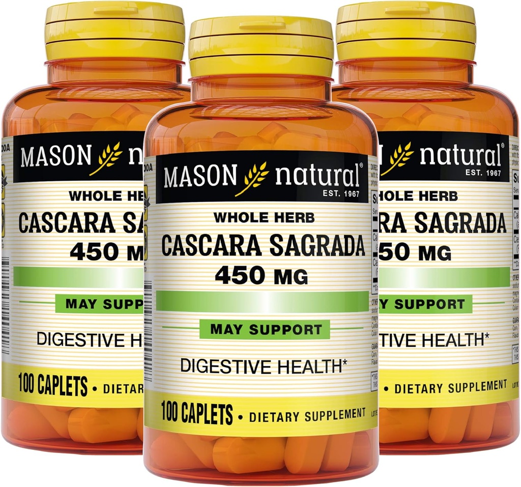 Mason Natural Cascara Sagrada 450 mg, Integratore di erbe per il supporto normale della funzione digestiva, 100 Caplets (Pack of 3)