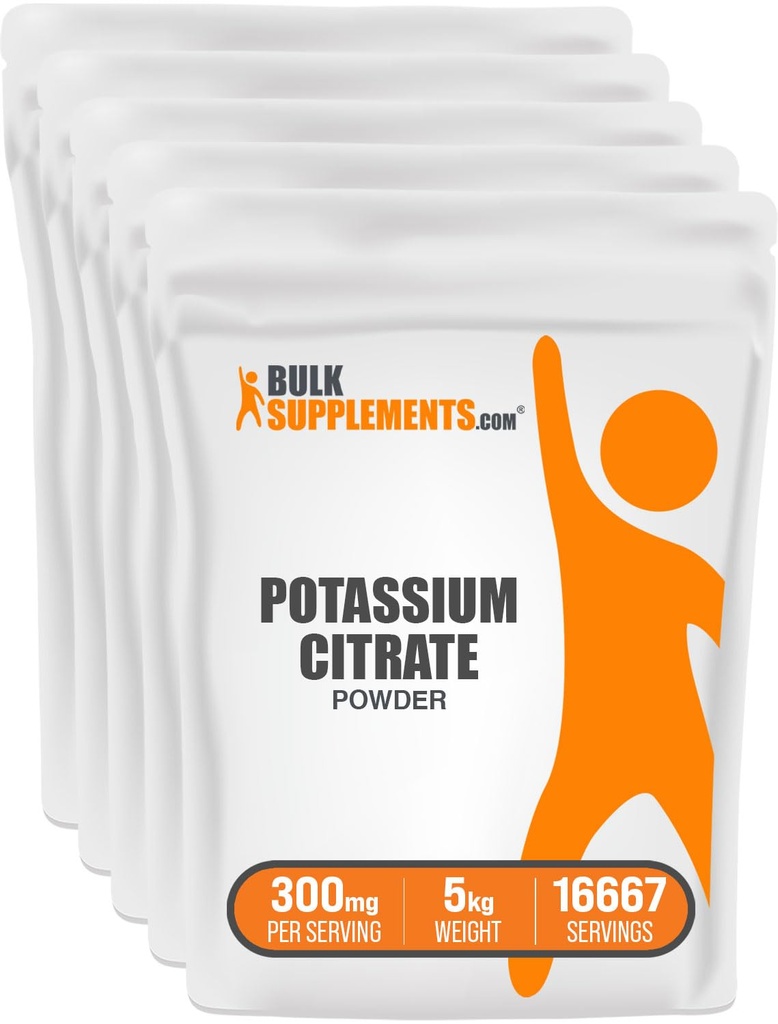 BulkSupplements.com Polvere di citrato di potassio - per il supporto di idratazione, supplemento minerale, potassio 99mg - senza glutine, 300mg per porzione, 1kg (2.2 lbs) (pacchetto di 5)