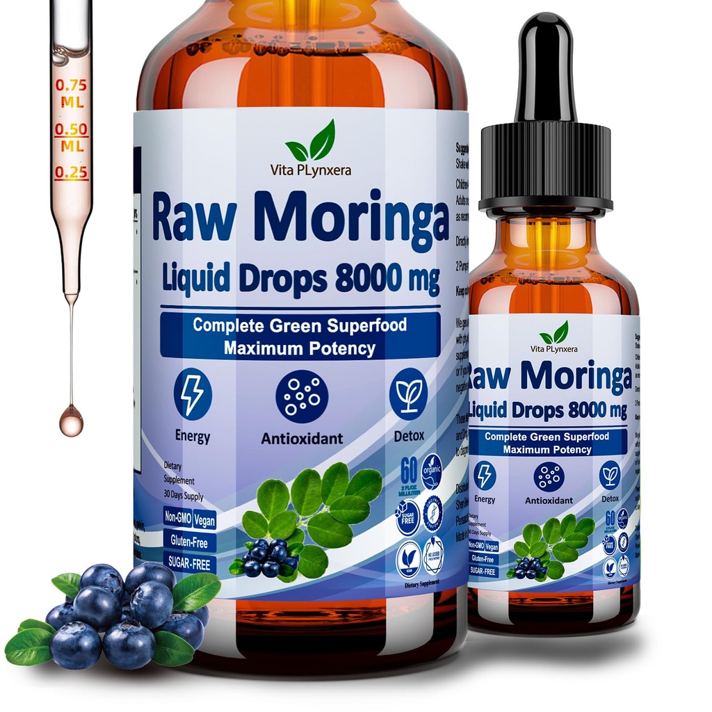 Green Moringa Liquid Drops 8000 mg, Estratto di foglie di Moringa Oleifera Organico w. Supergreens Blend of Wheatgrass, Erba di orzo per Antiossidante, Energia & Immune, Alta potenza che capsule polvere