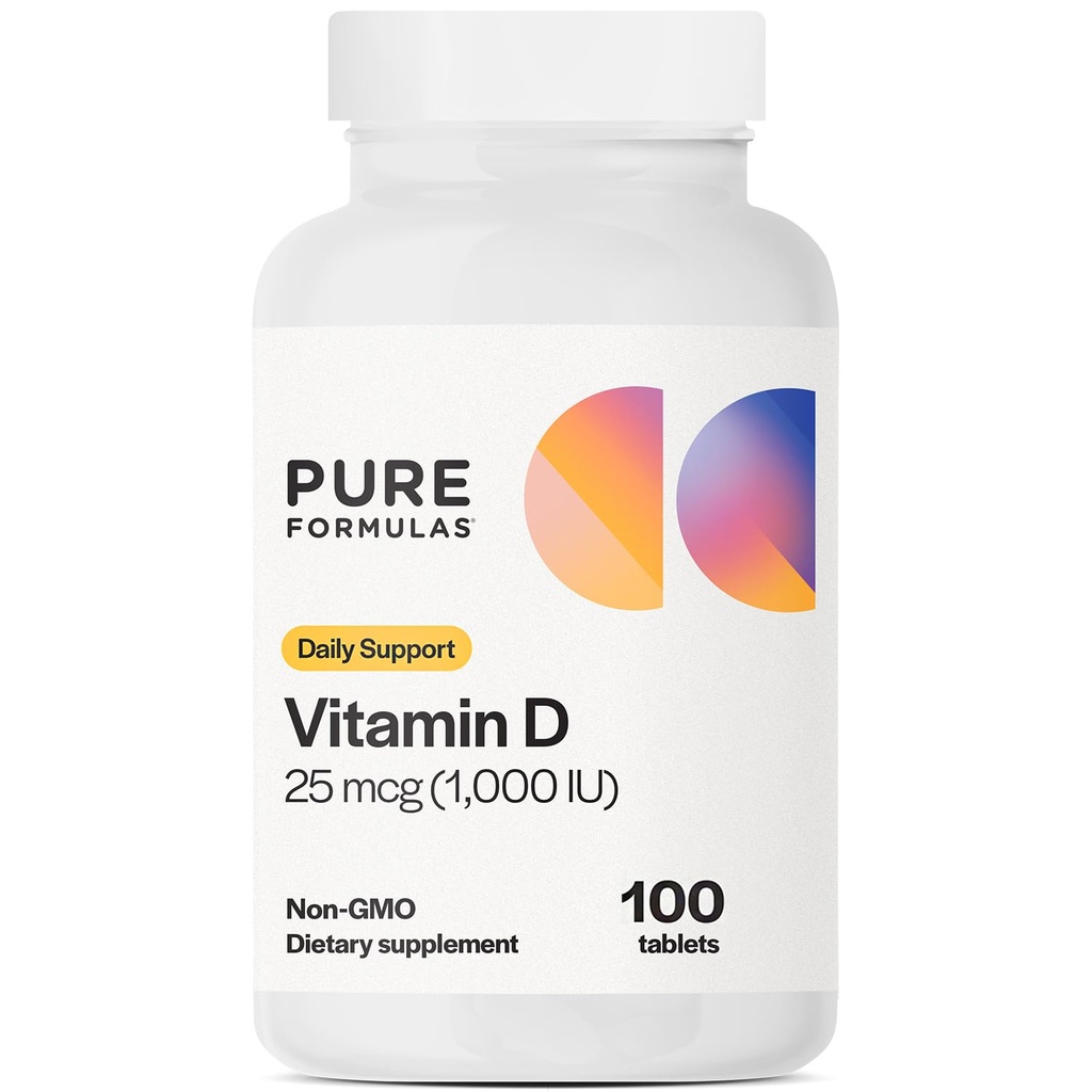 PureFormulas Vitamina D3 1.000 IU 25 mcg - Supplemento di vitamina D Premium per la formazione sana di ossa, denti, salute cardiovascolare, e supporto immunitario Non OGM - 100 conteggi Tablet