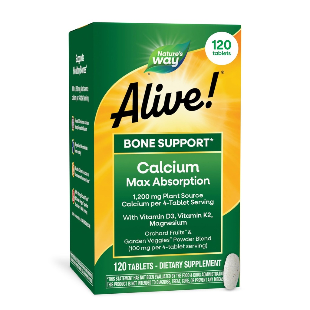 La Via della Natura Viva! Calcium Max Absorption, Bone Support*, Plant Source Calcium, Vitamina D3 & K2, Magnesio, 120 compresse (Packaging May Vary)