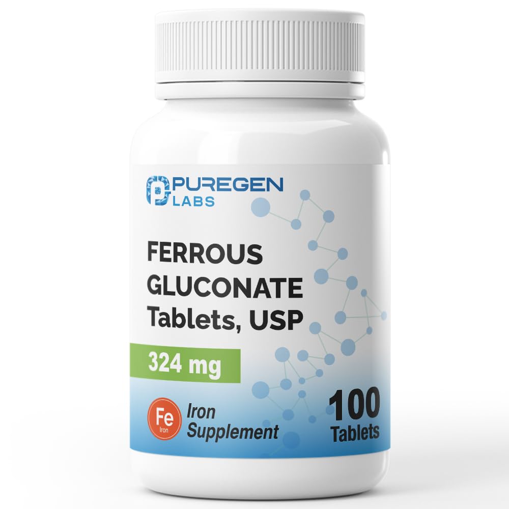 Puregen Labs Ferrous Gluconate 324 mg [High Potency] Ferro da stiro Supplemento, Genere su Stomach - 100 compresse