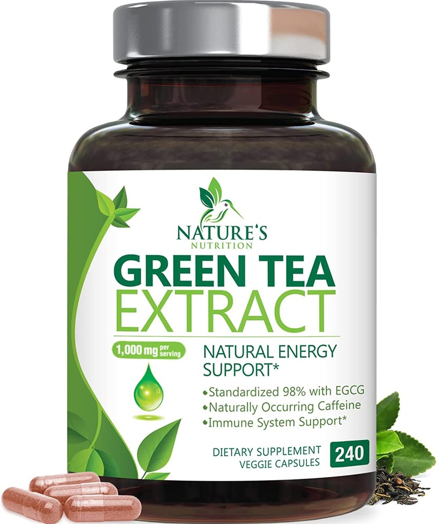 Estratto di tè verde capsule 1000mg 98% EGCG standardizzato - 3X resistenza per l'energia naturale - supporto cardiaco con polifenoli - caffeina gentle - 240 capsule