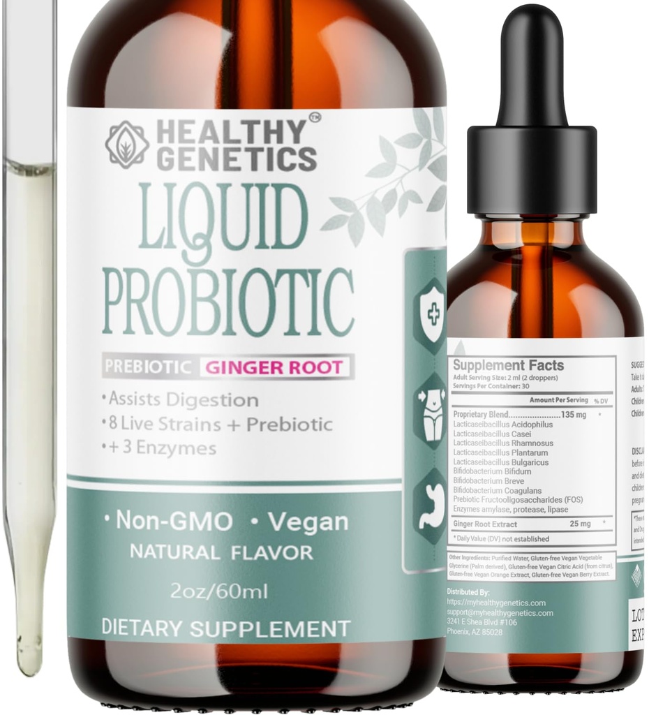 Probiotici liquidi per donne uomini e bambini | Prebiotici +Ginger + Probiotici per la salute digestiva | Acidophilus Probiotic | Latticini Free | Vegan | Non-GMO | Gluten Free | 30 Servings