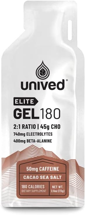 Unived Elite Gel 180-2:1 Rapporto di Carbi semplici e complessi con Beta Alanine & Essential Electrolytes - per Endurance Athletes Runners & Cyclists -180kcal - Cocoa Sea Salt - 50mg Caffeine - Confezione di 6