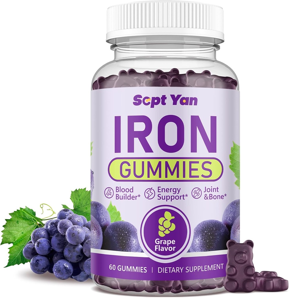 Gummie di ferro per le donne e gli uomini, Gummie di ferro con Folate, Vitamina B12, Zinc & D3 per la costruzione del sangue, Boost di energia, Supporto immunitario & Bone Salute, Assorbimento Gentle, Vegan,Grape Favour 60ct