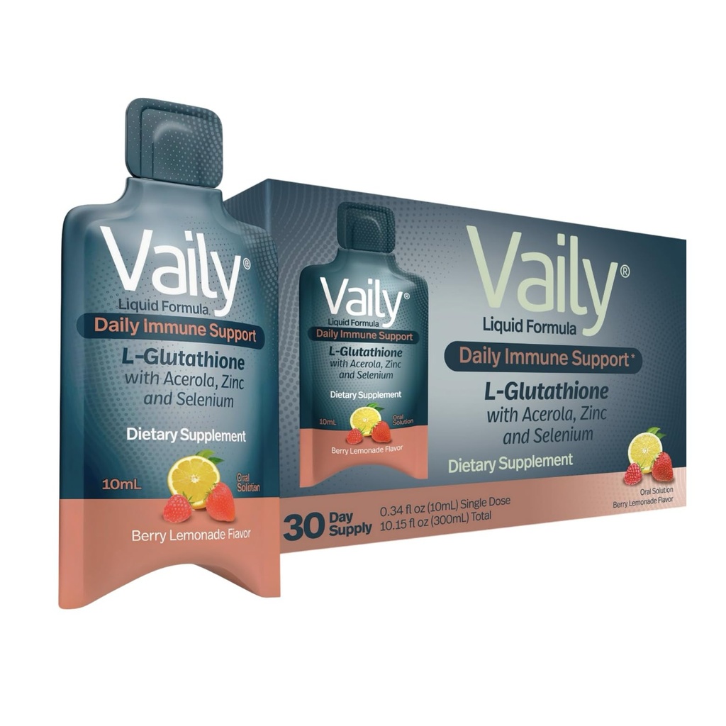 Integratore Vaily Immune Support per Adulti - Liquid Glutathione Supplemento 860 mg w/Acerola Vitamin C Zinc & Selenium - Antiossidante ad alta potenza, Salute della pelle, Detox Every Day - 30 Vial monodose