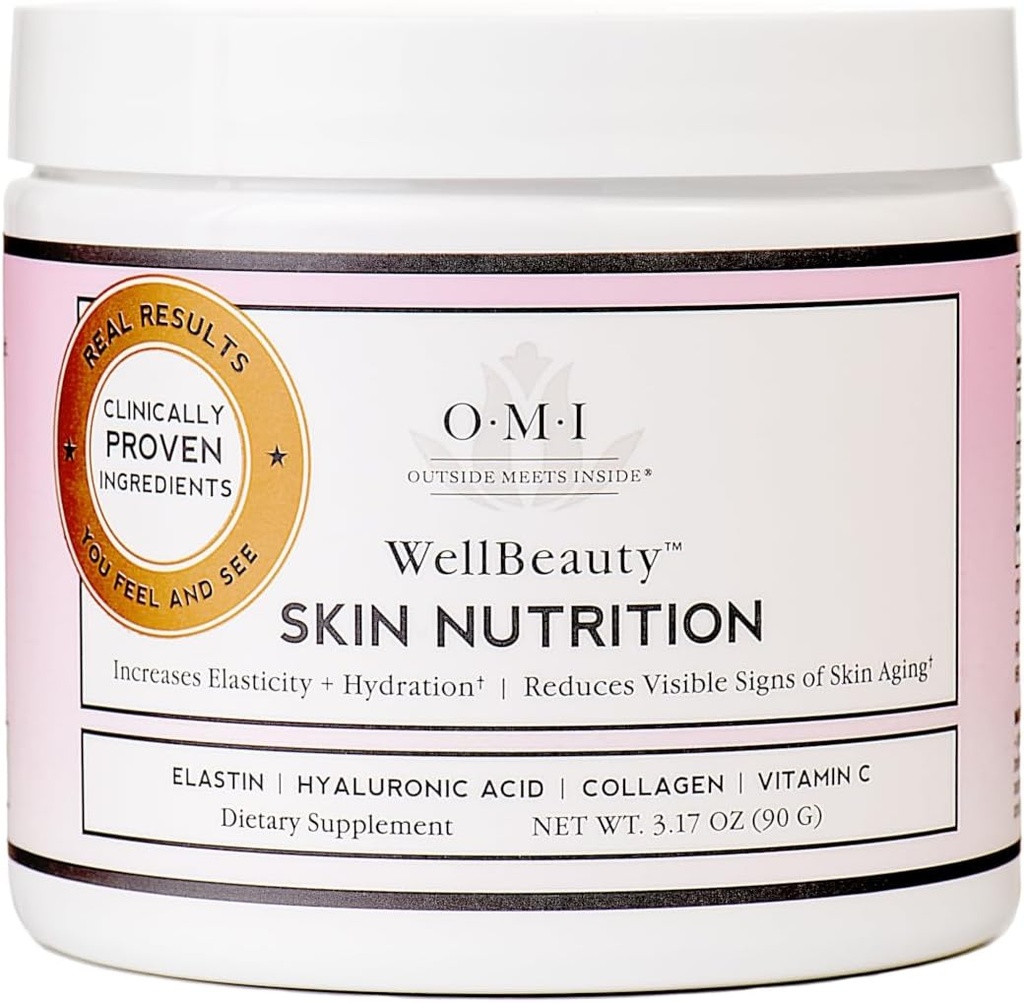 OMI Wellbeauty Skin Nutrition, clinicamente dimostrato per aumentare l'elasticità e ridurre i segni visibili di invecchiamento della pelle, Elastin marino francese, collagene, acido ialuronico, vitamina C, alimentazione di 1 mese, 3.17oz