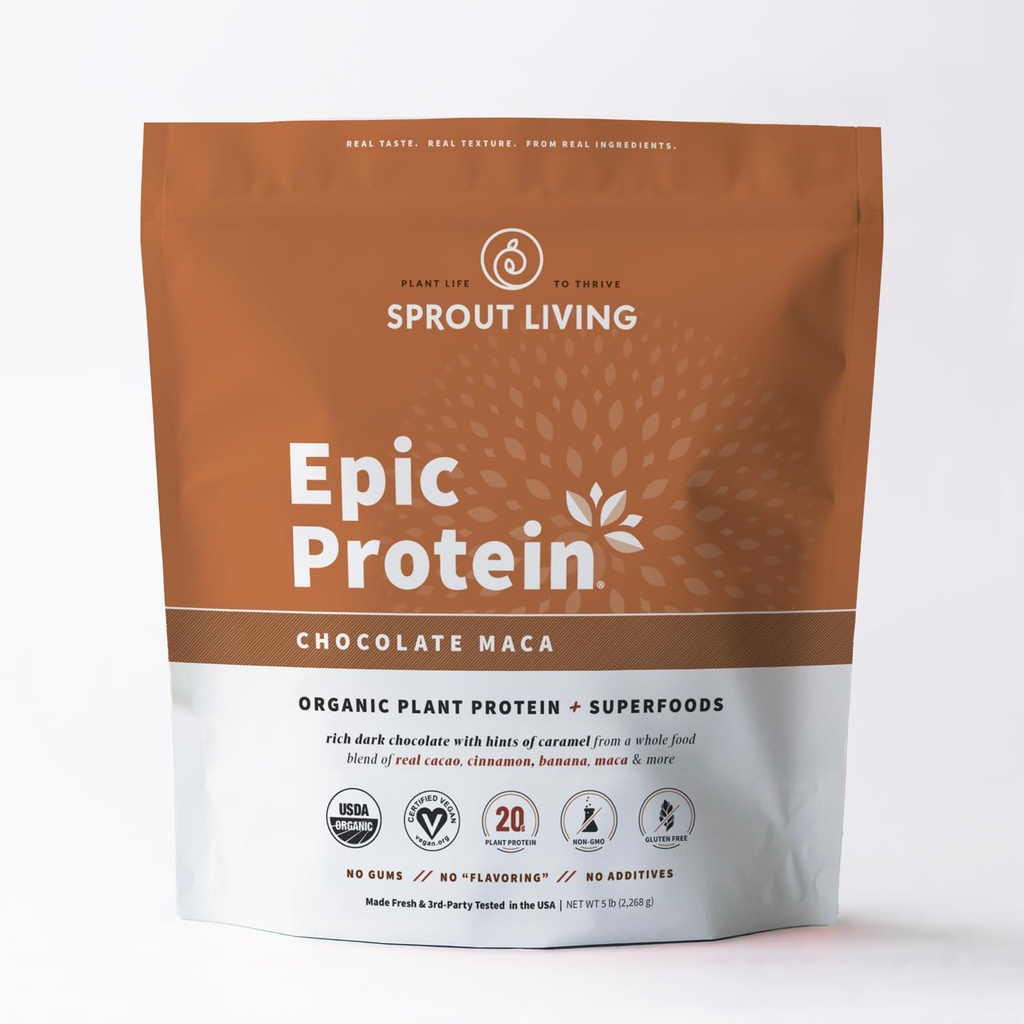 Sprout Living Epic Protein, Plant Based Protein & Superfoods Powder, Chocolate Maca Powder | 20 Grams Organic Protein Powder, Vegan, Non Dairy, Non OGM, Gluten Free, Low Sugar (5 Pound, 60 Servings)